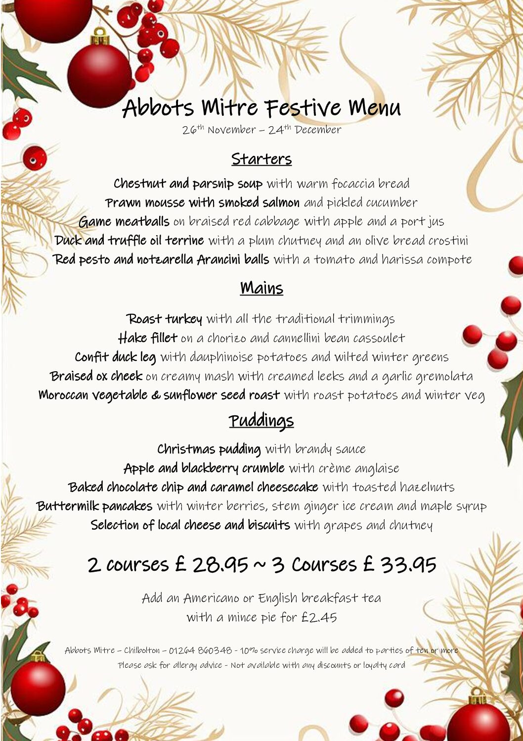 Abbots Mitre Christmas Menu 2025